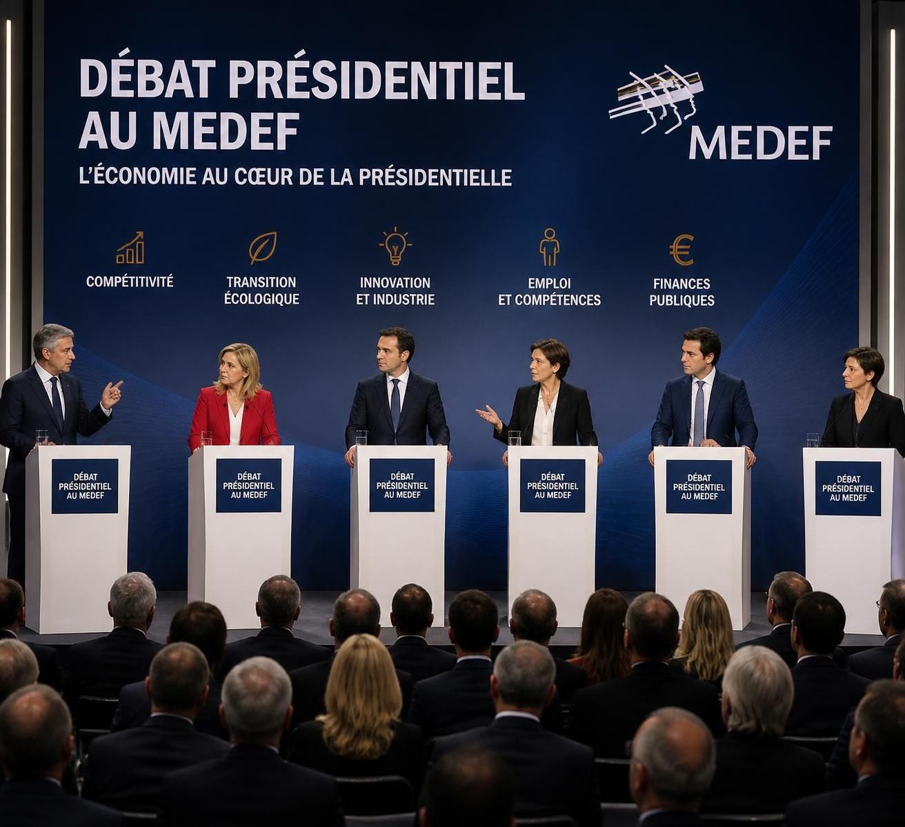 analyse du débat présidentiel au medef, mettant en lumière les principaux défis économiques auxquels la france est confrontée et les propositions des candidats pour y répondre.