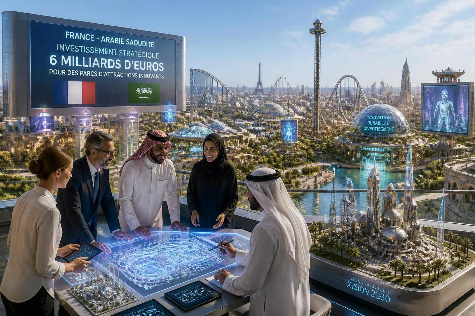 france et arabie saoudite s'associent pour un investissement de 6 milliards d'euros afin de développer des parcs d'attractions innovants, alliant technologie et divertissement.