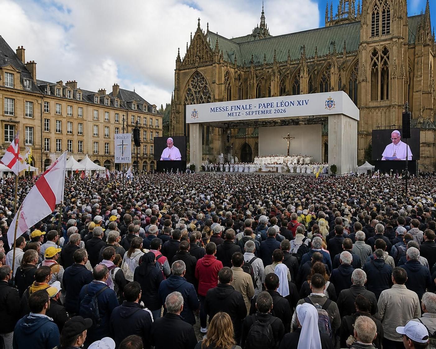 le président macron participe à la messe finale à metz durant la visite du pape, marquant un moment fort de cet événement historique.