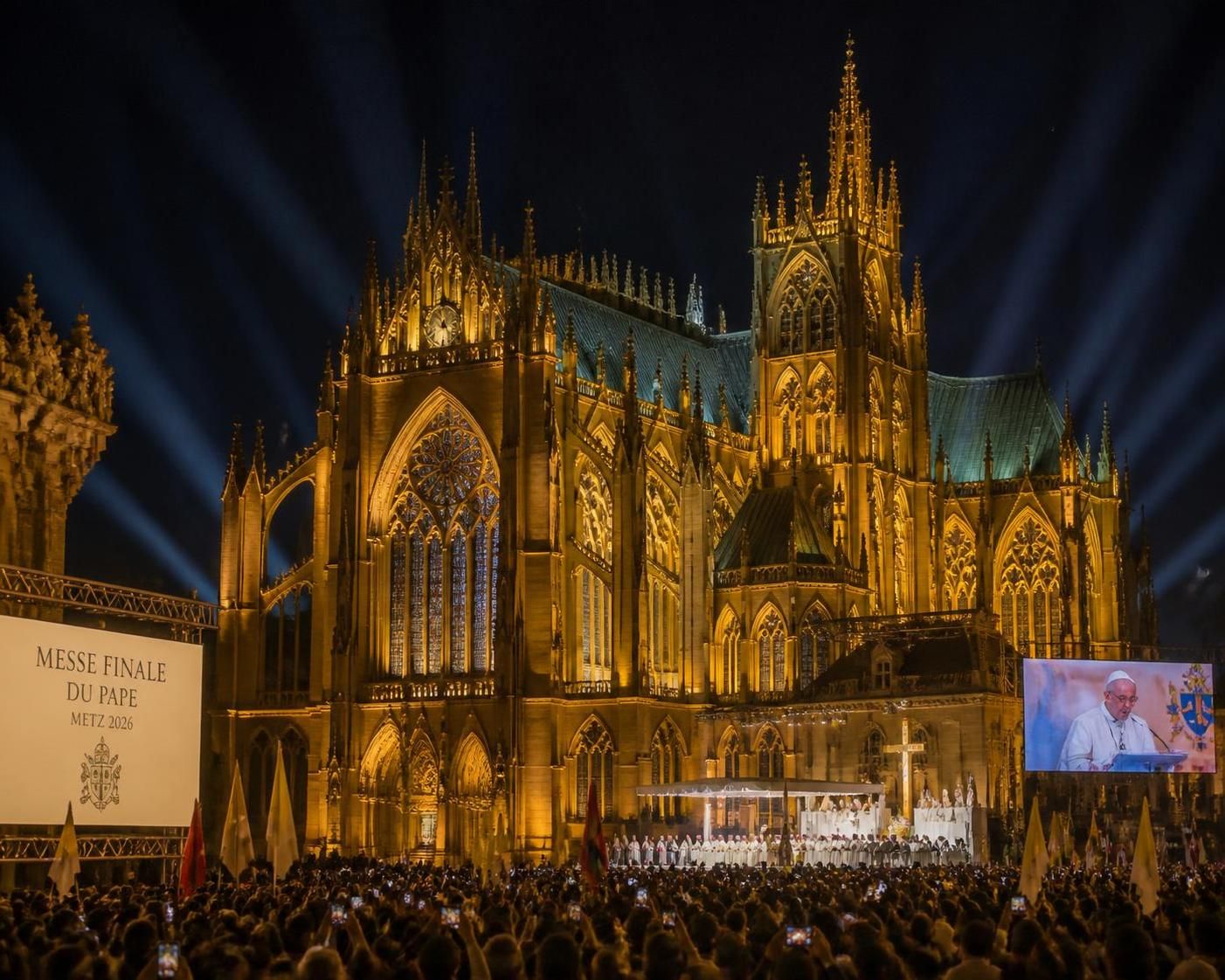 le président macron participe à la messe finale à metz lors de la visite historique du pape, marquant un moment fort de son déplacement.
