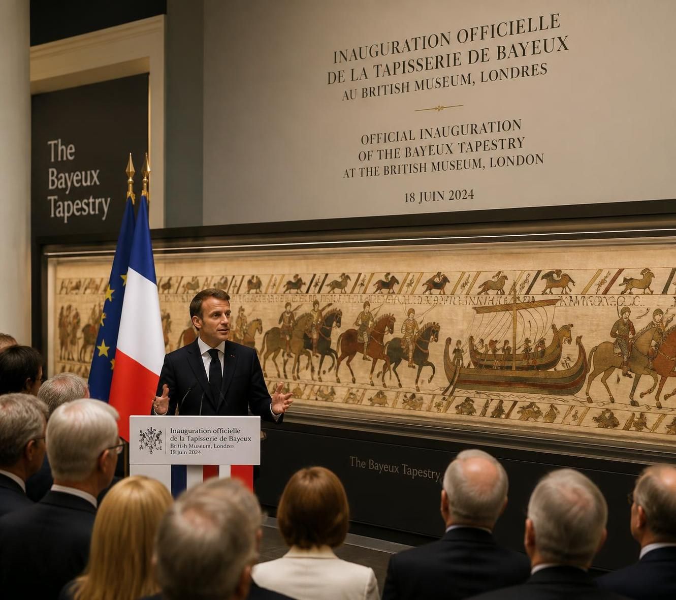 emmanuel macron inaugure à londres la célÚbre tapisserie de bayeux, un trésor historique dévoilé au public lors d'un événement exceptionnel.