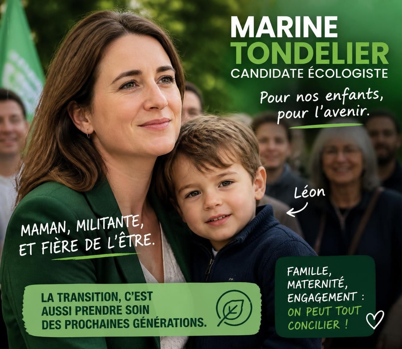 marine tondelier, candidate écologiste, fête avec joie la naissance de son fils léon, un moment de bonheur et d'espoir pour l'avenir.