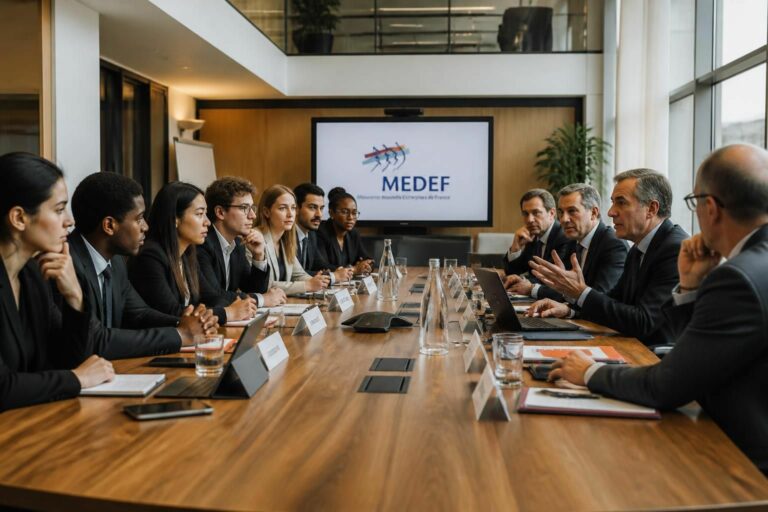 sept candidats débattent en direct avec les dirigeants du medef pour discuter des enjeux économiques et sociaux actuels.