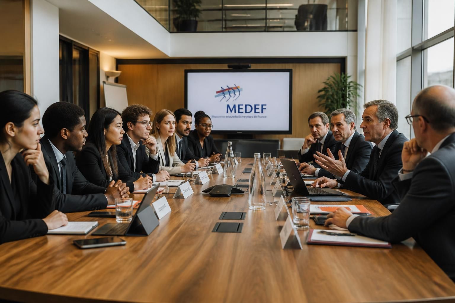 sept candidats débattent en direct avec les dirigeants du medef pour discuter des enjeux économiques et sociaux actuels.