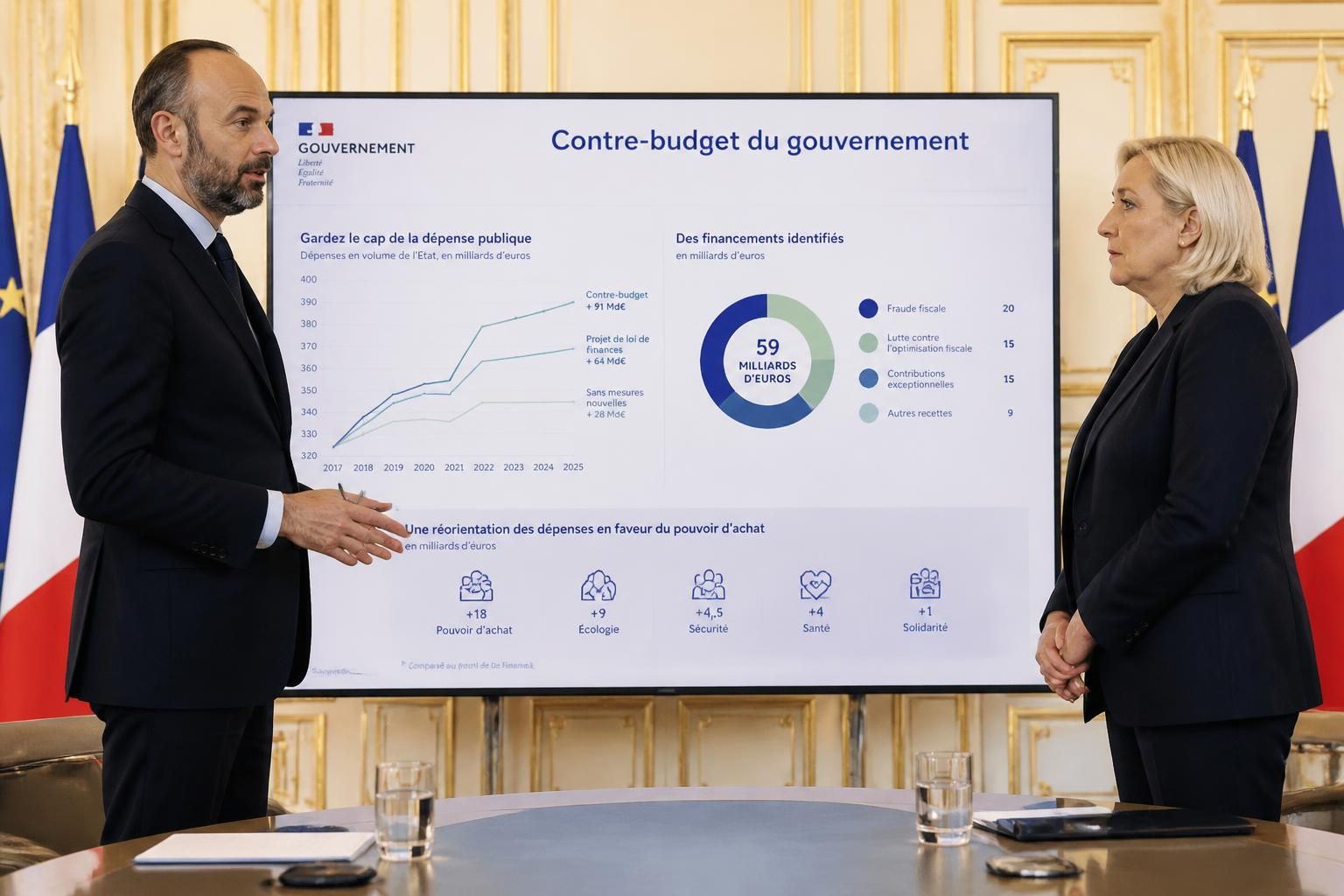 découvrez comment édouard philippe répond aux propositions de marine le pen avec un contre-budget ambitieux visant à redynamiser l'économie française et renforcer les services publics.